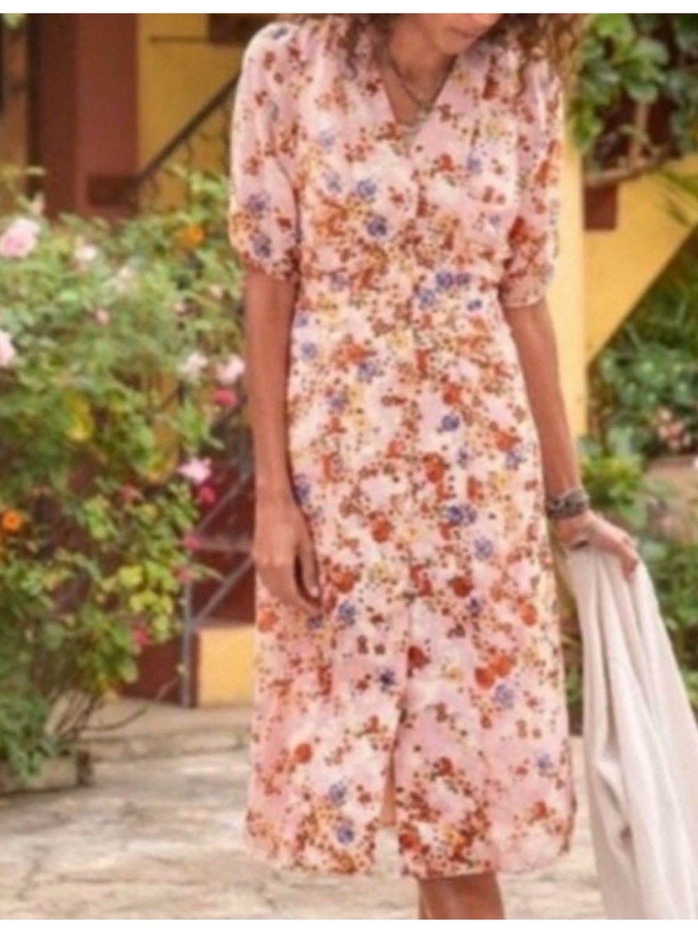 Sundance 100% Silk Sonora Bloom Peach Floral Button Front Shirred Dress Size 12